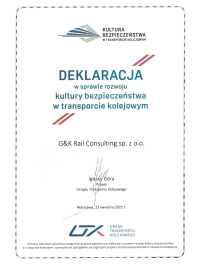 Deklaracja w sprawie rozwoju kultury bezpieczeństwa w transporcie kolejowym - G&K Rail Consulting sp. z o.o. [22.04.2021]